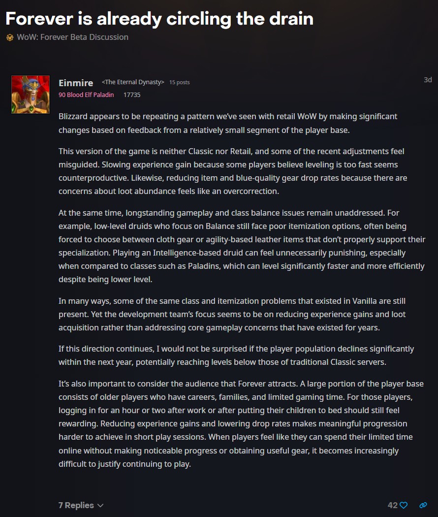 暴雪論壇：Forever Beta 討論區的文章「Forever is already circling the drain」