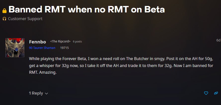 Blizzard Forums: Banned RMT when no RMT on Beta
