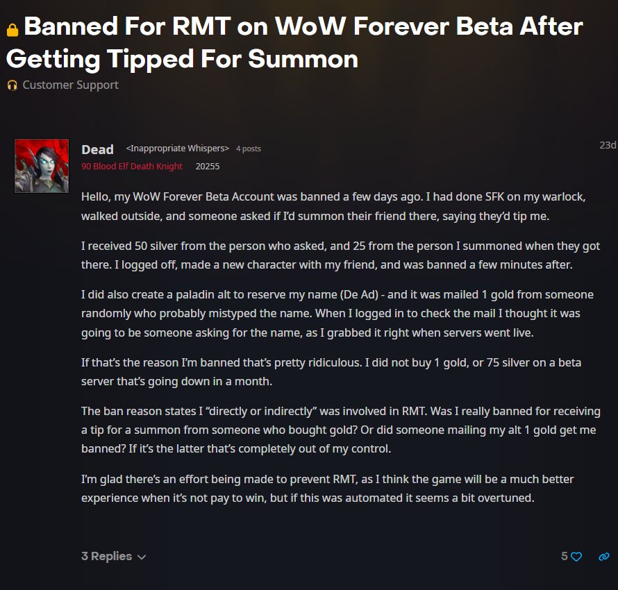 Blizzard Forums: Banned For RMT on WoW Forever Beta After Getting Tipped For Summon